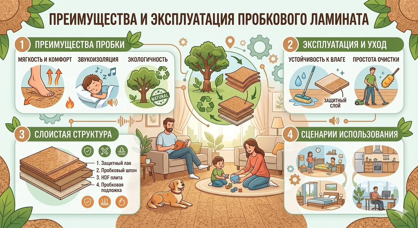Преимущества и эксплуатация материала Пробковый ламинат