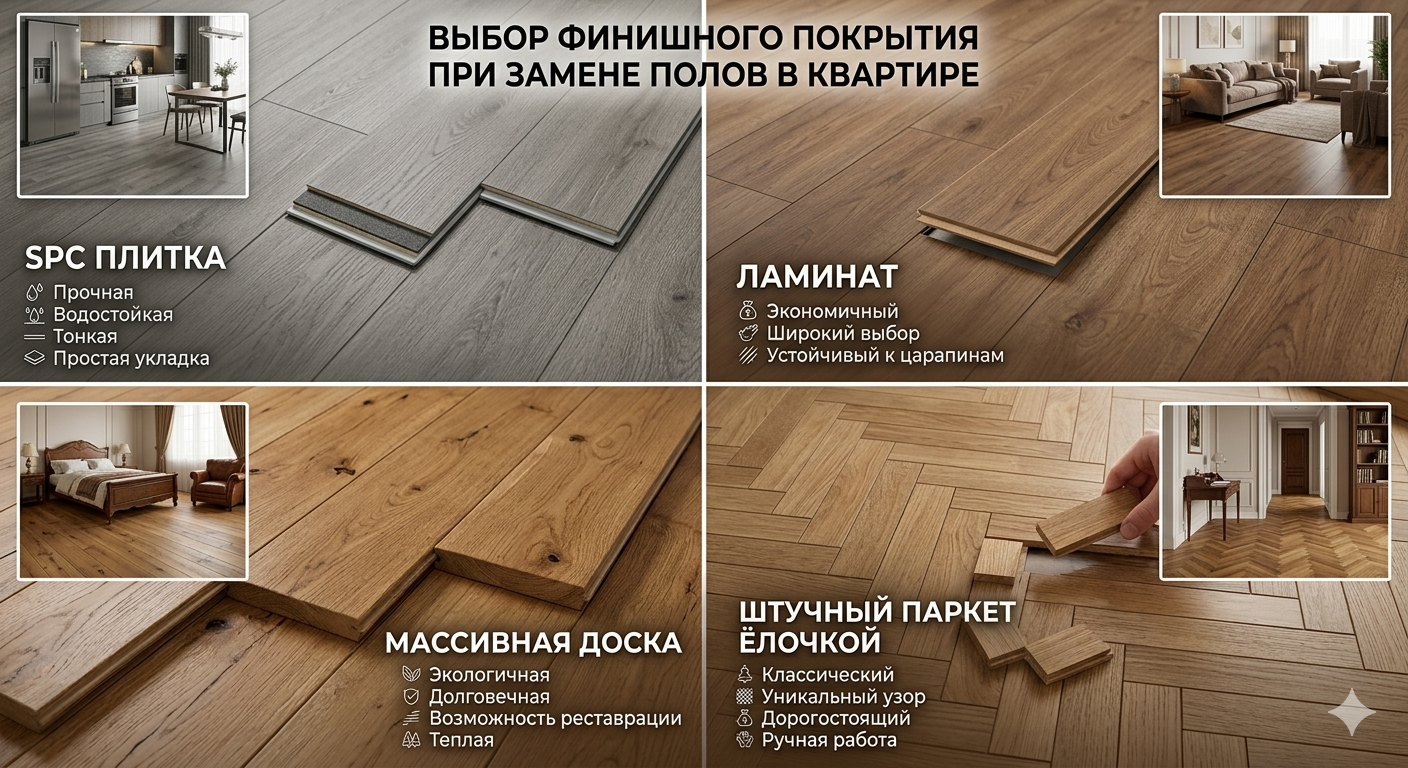 Выбор финишного покрытия при замене полов в квартире