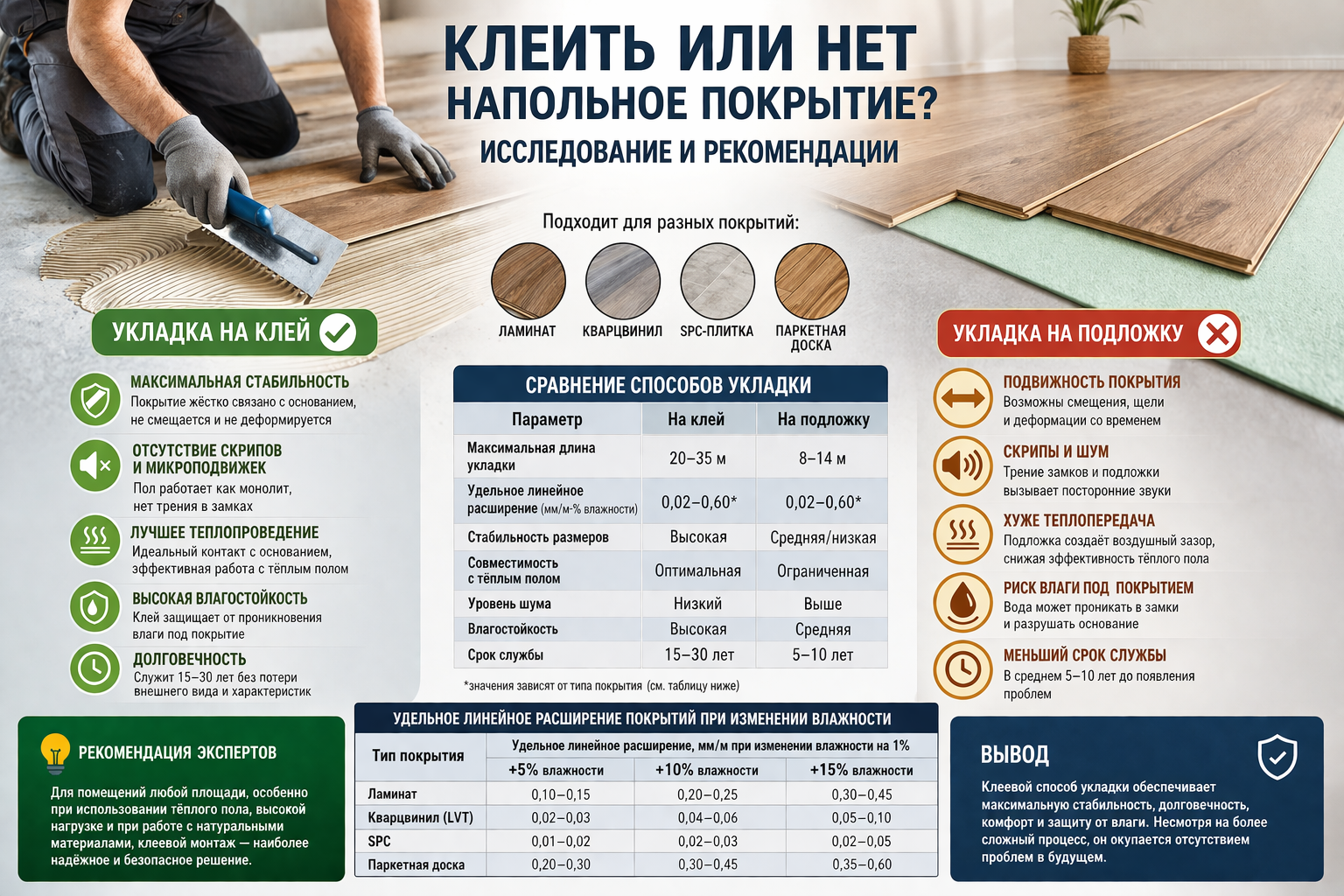 Клеить или нет напольное покрытие — ламинат, паркетная доска, кварцвинил, SPC плитка.